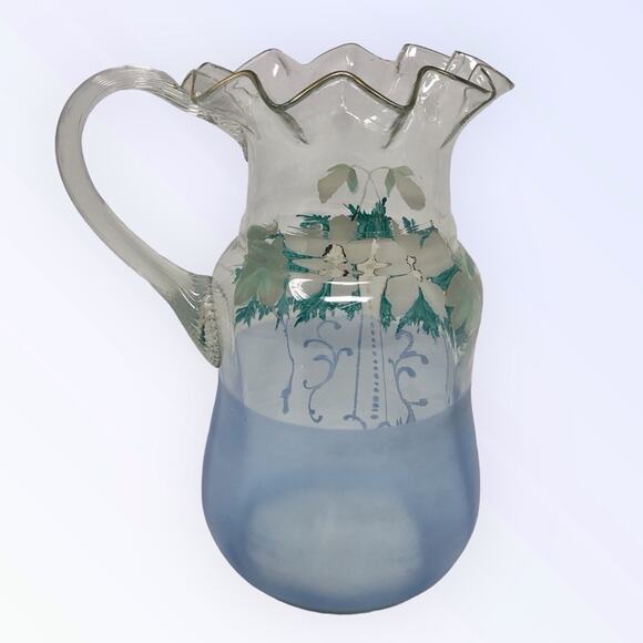 Victorian Enameled Hand Painted Pitcher Blue Art Glass Floral Design - Picture 6 of 12